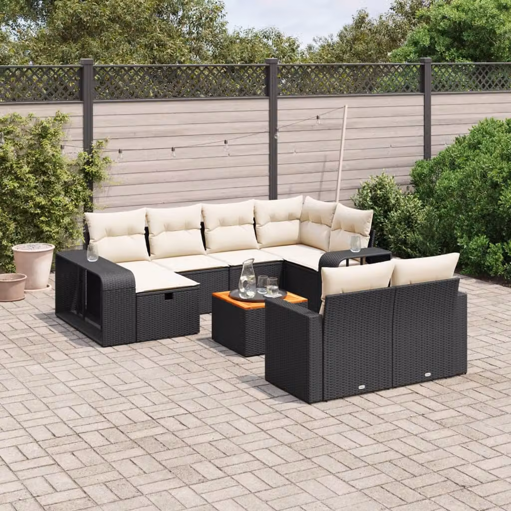 Set di divani da giardino vidaXL 11 pezzi in polyrattan nero con cuscini e tavolino da esterno – 1