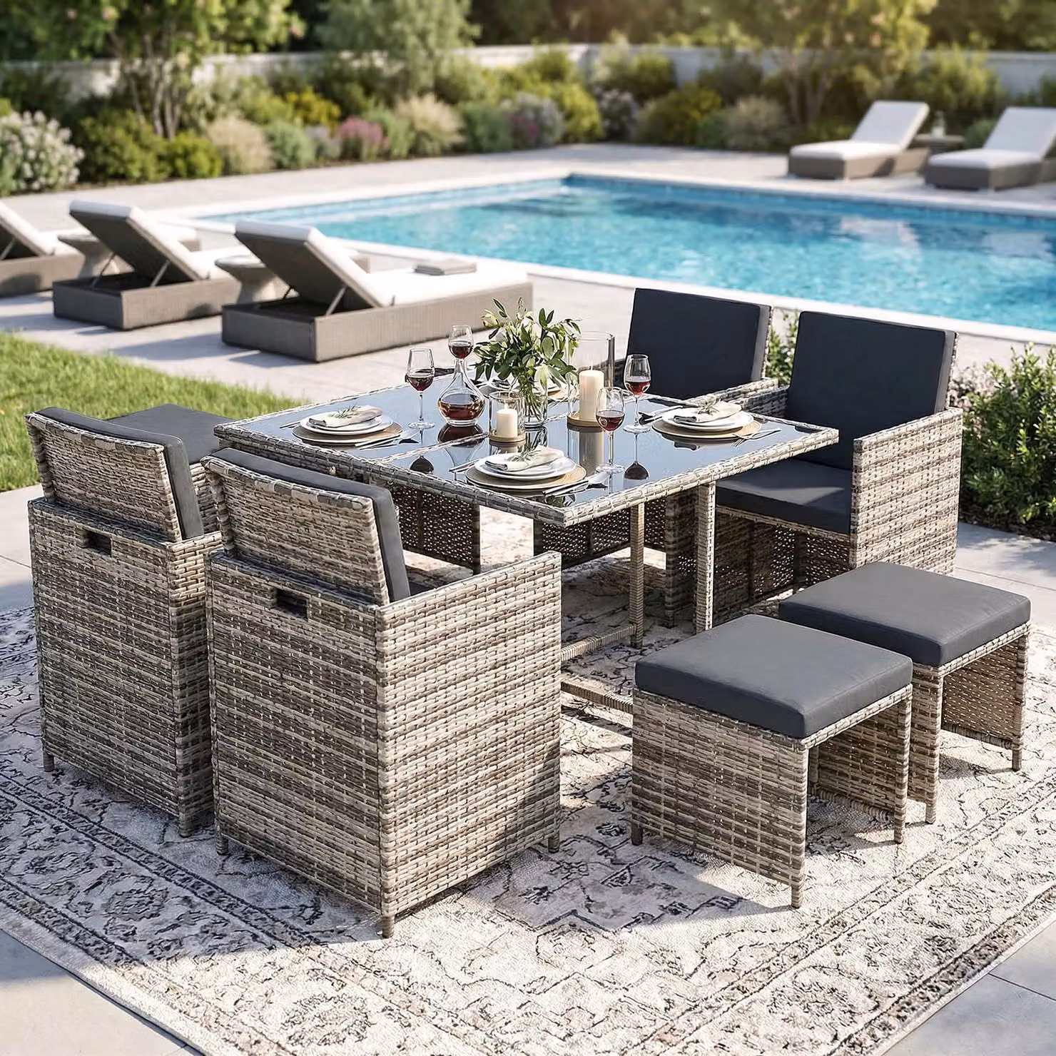 Gruppo di sedute in poly rattan tavolo da pranzo salotto set di mobili da giardino 9 pezzi 1x tavolo + 4x sedie + 4x sgabelli - grigio