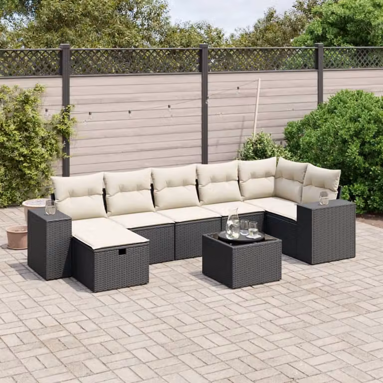 vidaXL Set Divani da Giardino a L con Cuscini 8 pz Nero e Bianco in Polyrattan con Tavolino e Ottoman