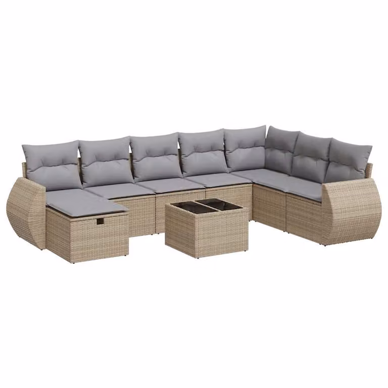 Set Divano da Giardino 9 pz con Cuscini Beige in Polyrattan