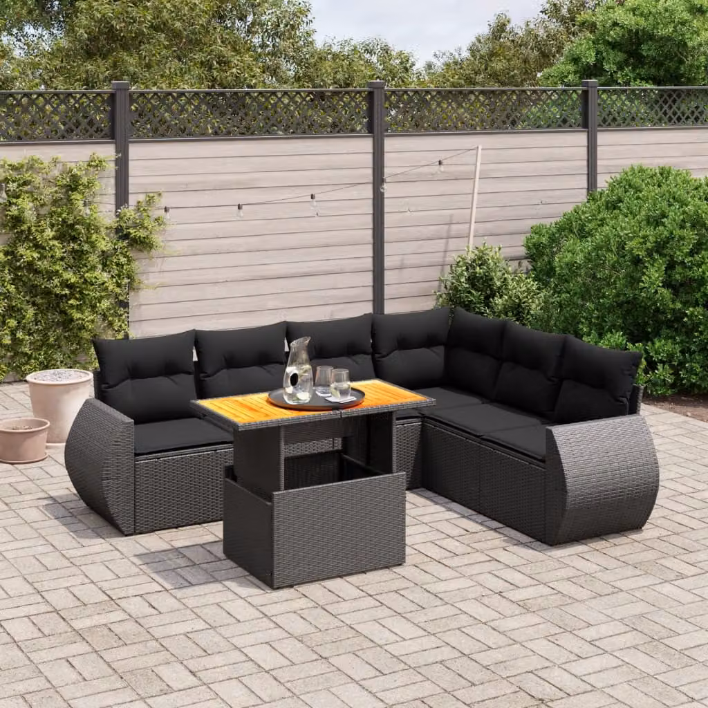 vidaXL Set Divano da Giardino a L con Cuscini 7pz Nero in Polyrattan e Legno di Acacia – 1