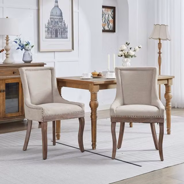 Sedie da Pranzo Imbottite in Tessuto ¨C MINIMAL ¨C Set 2 Pezzi, Gambe in Legno, Beige