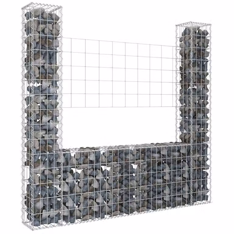 vidaXL Gabbione a U con 2 Pali in Ferro Grigio e Argento L: 140 cm, P: 20 cm, H: 150 cm