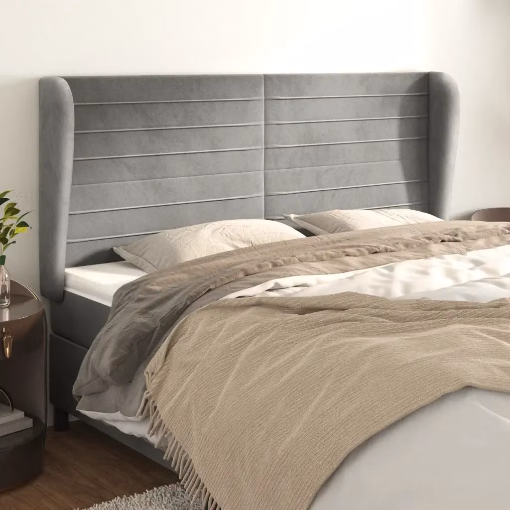 Testata ad orecchio in velluto grigio chiaro per camera da letto L: 203 cm, P: 23 cm, H: 118/128 cm – 2