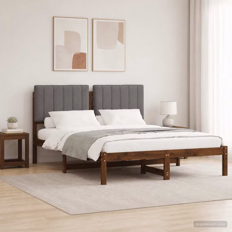 Letto con Testiera Rivestita vidaXL in Legno di Acacia e Tessuto, Marrone Scuro e Grigio Chiaro, L/P/H: 120 x 200 x 85 cm