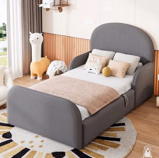 Letto imbottito ULEVR 90x200 cm con vano contenitore idraulico, sponde laterali semialte e rivestimento in velluto grigio