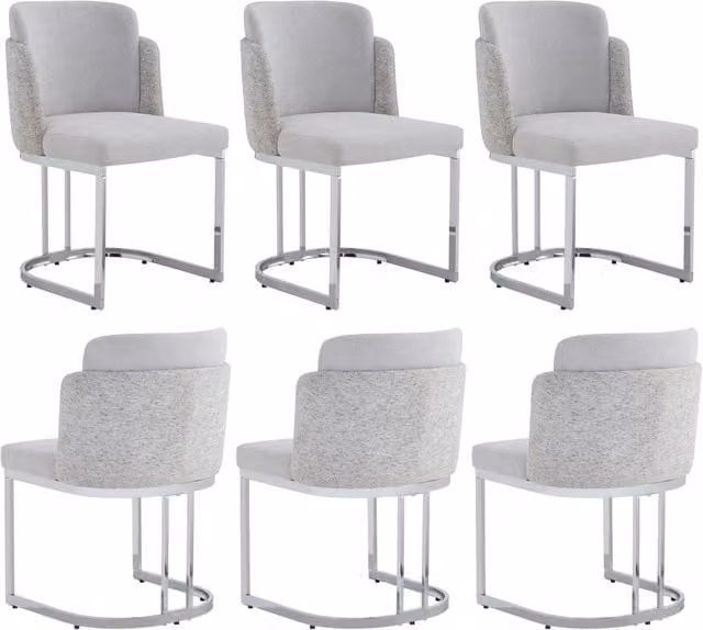 Set di 6 sedie da pranzo in tessuto chenille grigio chiaro con gambe in metallo argentato galvanizzato