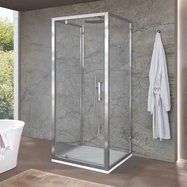 Box doccia a tre lati INBAGNO con doppia porta fissa e battente in vetro trasparente L 90 cm x P 70 cm x H 200 cm