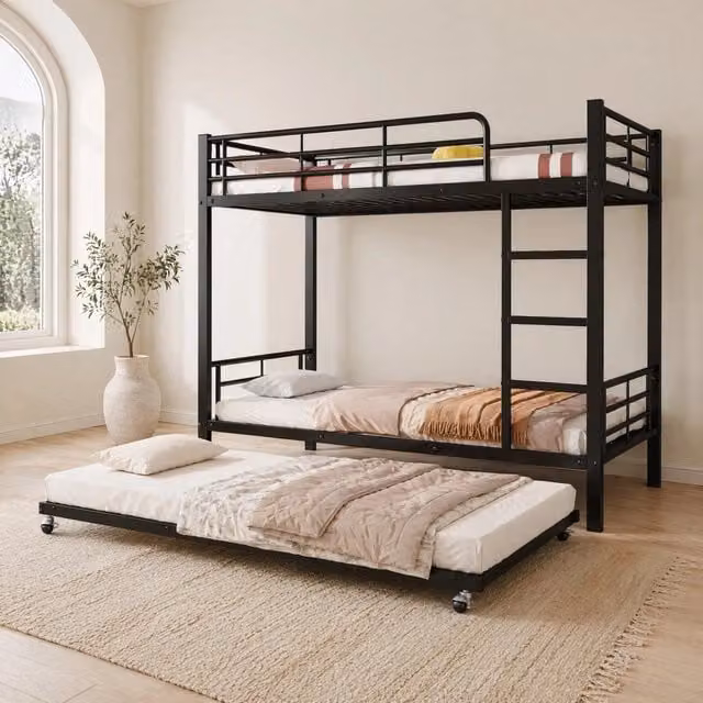 Letto a castello Elvmi in metallo con letto estraibile per bambini, colore nero, dimensioni 90x200 cm