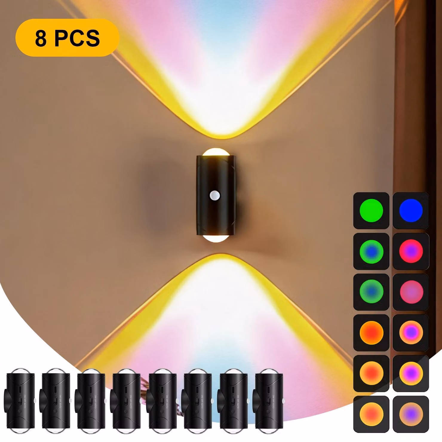 Lampada da parete, con LED a cambio di colore, sensore di movimento, colore nero, confezione da 8 pezzi