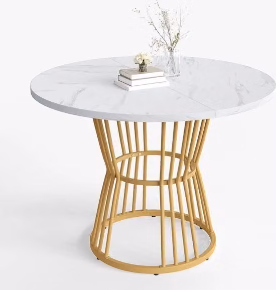 Tavolo Cucina, Bianco con gambe metalliche (1 pezzo), struttura metallica robusta in MDF, tavolo da pranzo moderno in marmo o tavolo da colazione e sala da pranzo, bianco/oro