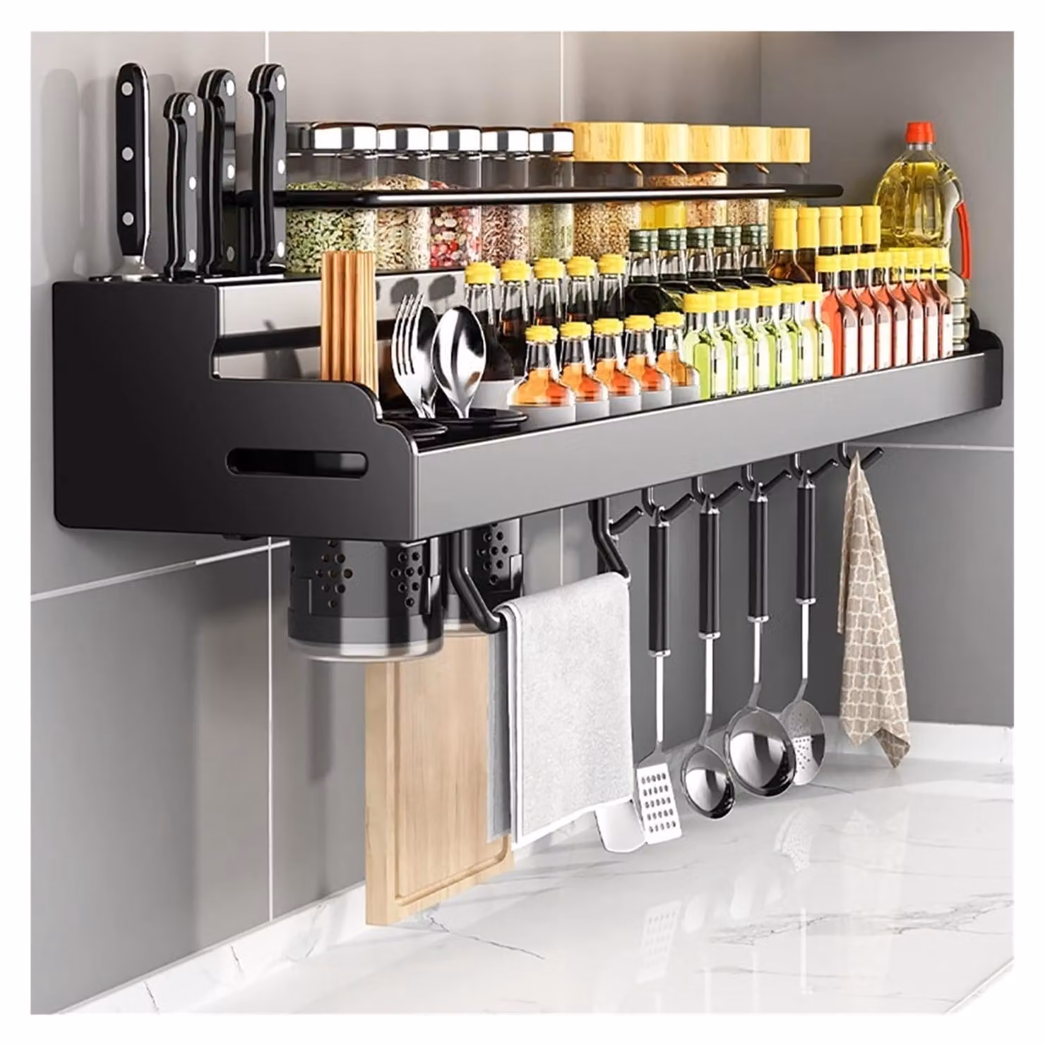 Portaoggetti da parete per cucina, con ganci e portacoltelli