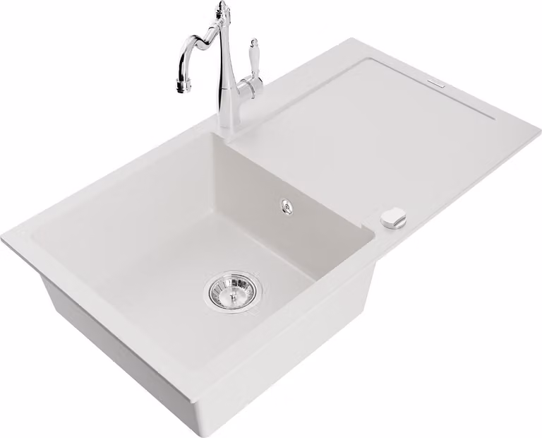 Mexen Leo lavello in granito 1-vasca con scolapiatti e rubinetto cucina Carla, bianco - 6501-20-670700-00