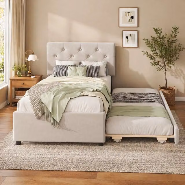 Letto imbottito 90x200 cm con letto estraibile; in velluto beige; testiera con bottoni
