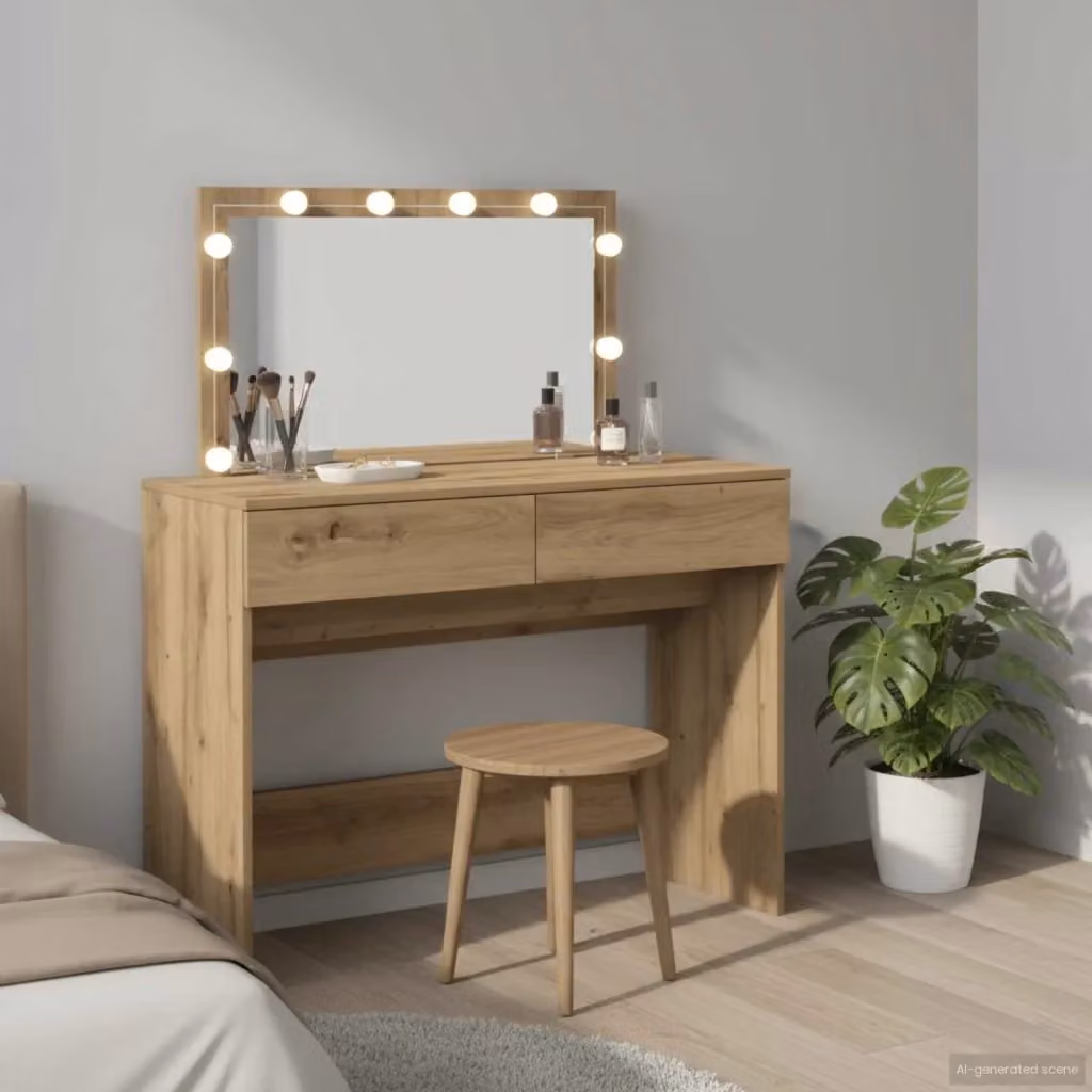 Toeletta con tavolo da trucco in legno rovere marrone, design minimalista, L: 100 cm, P: 40 cm, H: 120 cm – 2