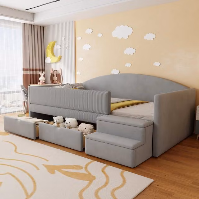 Letto singolo imbottito 90 × 190 cm con due cassetti sponde e scalini in velluto grigio chiaro