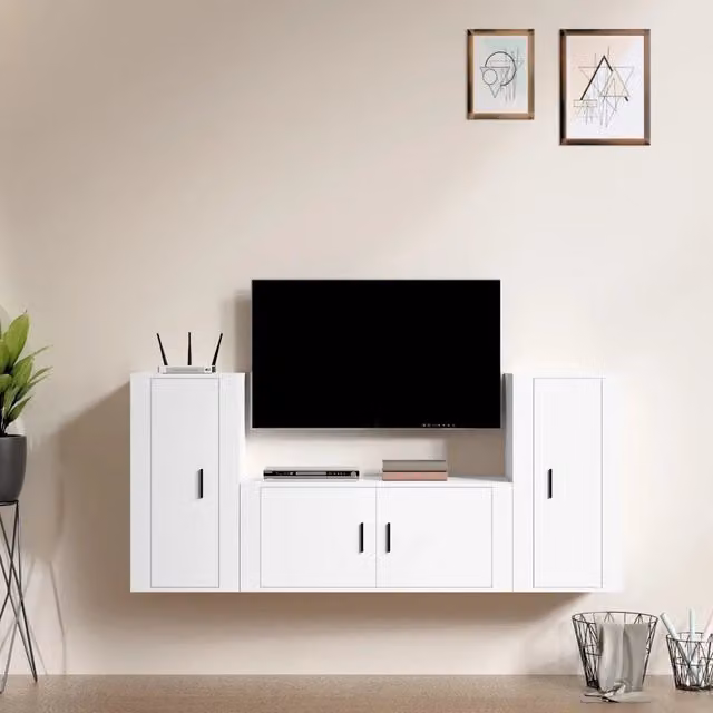 Set di 3 mobili porta TV vidaXL in legno multistrato bianco opaco per soggiorno – 1