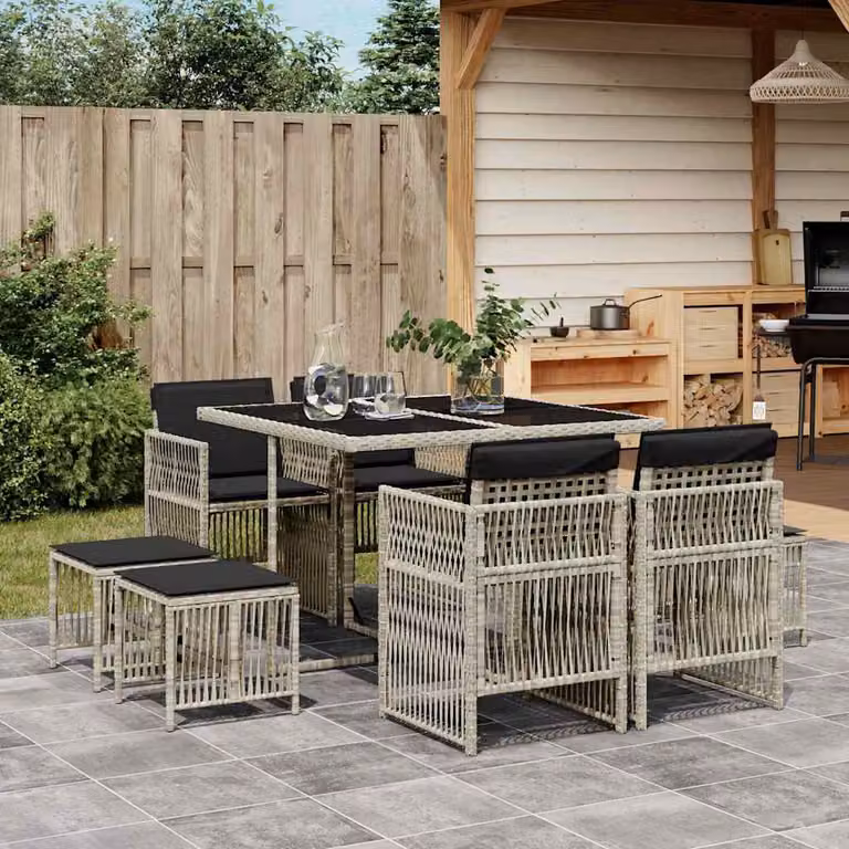 Set Pranzo da Giardino vidaXL in Polyrattan con Piano in Vetro e 9 Sedute, Grigio Antracite