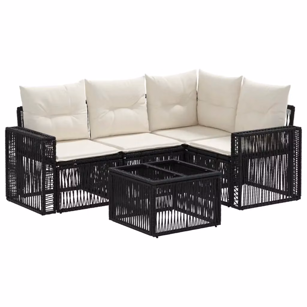 Set Divano da Giardino a L con Poltrona e Tavolino vidaXL, Colore Nero e Bianco Crema, in Polyrattan e Metallo con Cuscini Inclusi – 2