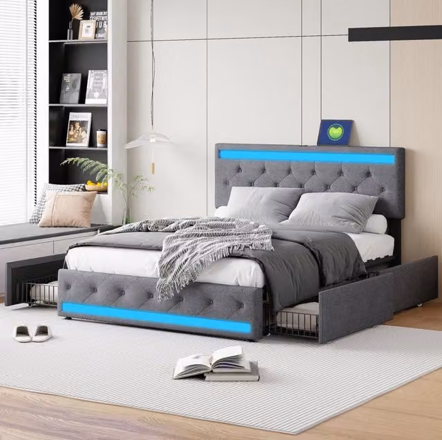 Letto matrimoniale con 4 cassetti in ferro, lampada da comodino LED con USB e Type-C, tessuto in lino color grigio scuro 160x200 cm