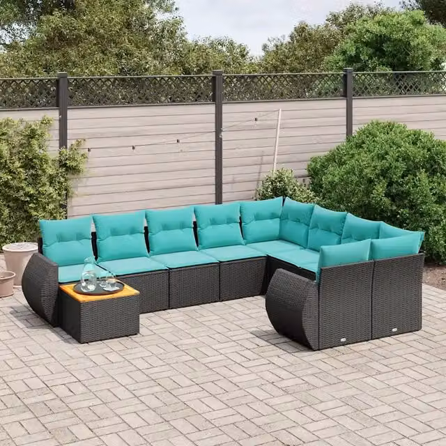 Set da giardino vidaXL a forma di L composto da 10 pezzi con cuscini e tavolino da caffè in polyrattan nero