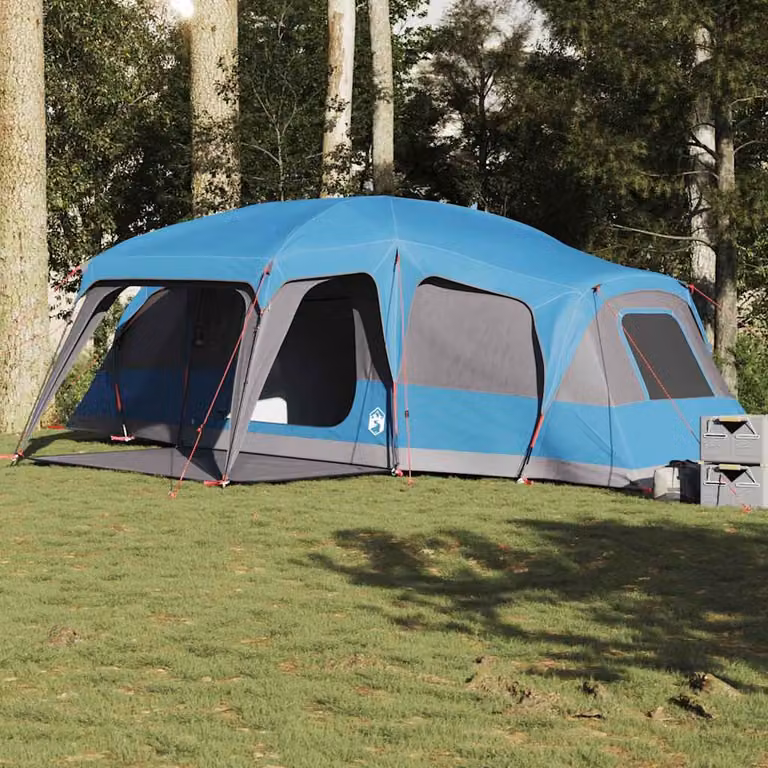 Tenda da campeggio con portico a cupola vidaXL per 9 persone, blu, impermeabile in poliestere e fibra di vetro