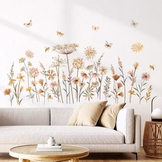 Adesivi murali floreali in stile boho - Decorazione murale con fiori selvatici - 1 set - Multicolore - PVC - 60x90 cm