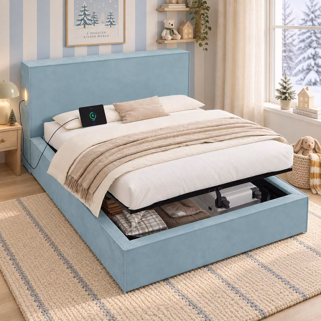Letto imbottito 140 x 200 cm con rivestimento in velluto e contenitore a sollevamento idraulico – Letto per bambini con imbottitura di 9 cm nella testiera e design a blocco, struttura del letto in blu