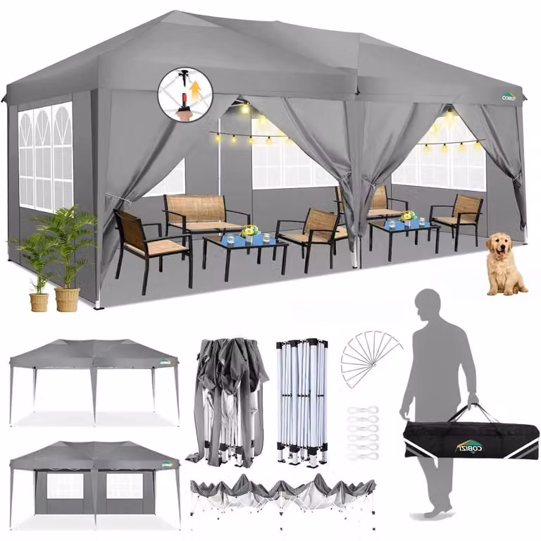 Gazebo da esterno 3x6 metri, grigio, impermeabile, con protezione UV 50+ e dotato di 6 pannelli laterali