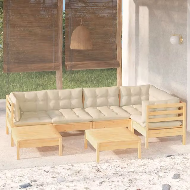 Set Divani da Giardino 7 pz con Cuscini Crema Massello di Pino 3096544