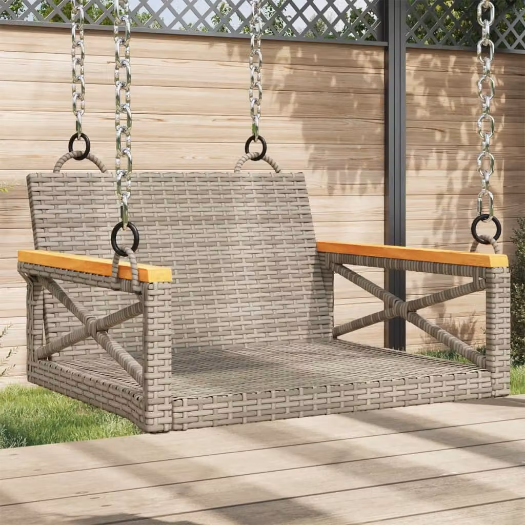Panchina a dondolo vidaXL in rattan grigio con struttura in metallo e legno di acacia oliato, L: 63 cm, P: 62 cm, H: 40 cm