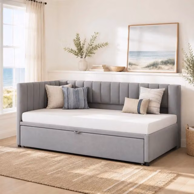 Divano letto a L estraibile 90 x 200 cm in velluto grigio
