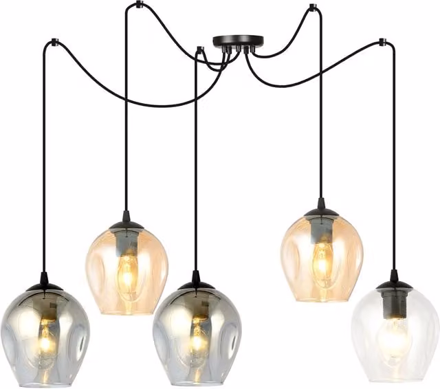 Sospensione 5 Luci Galvano In Acciaio Nero E Vetro Multicolor Con Cavi Lunghi