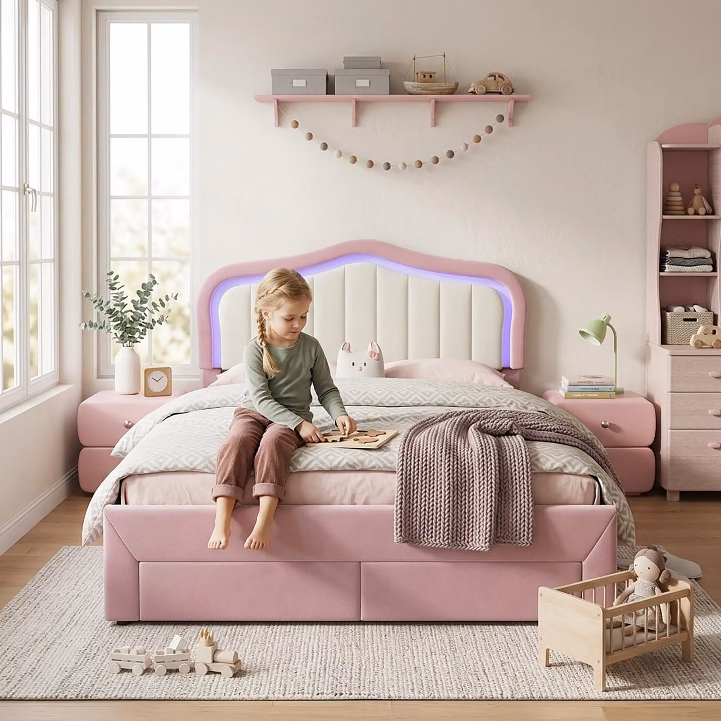 Letto imbottito per bambini, dimensioni 140x200, con 2 cassetti nella parte inferiore, schienale e illuminazione LED controllabile tramite app