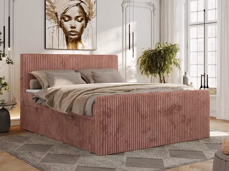 Letto continentale con contenitore per biancheria da letto TILIANO DUO 200x200 Hard H4 - Topper T25, rosa - tessuto a coste