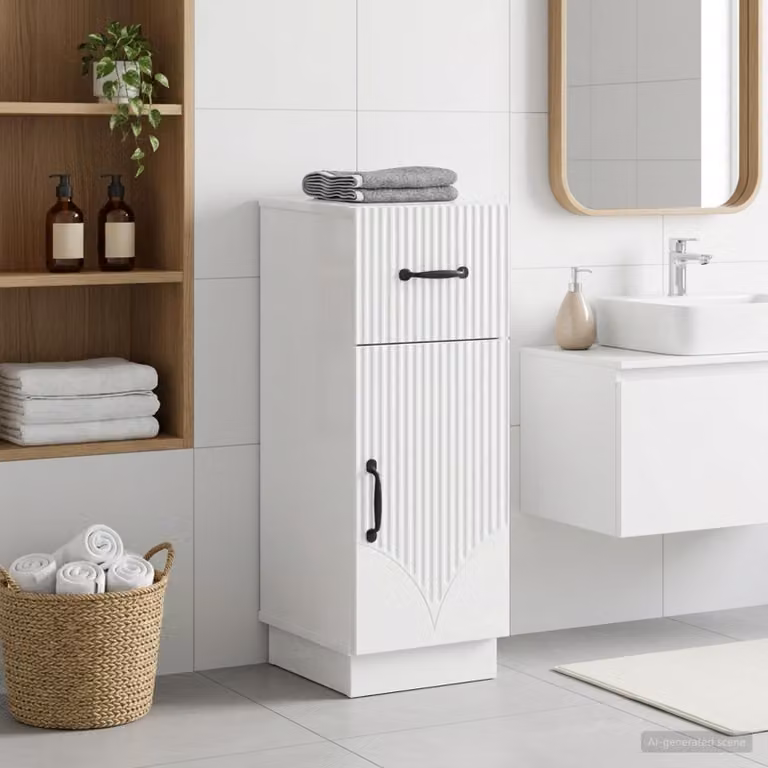 Mobiletto da bagno moderno vidaXL HOORN bianco lucido con ante a battente e ripiani interni L: 30 cm, P: 31 cm, H: 77 cm