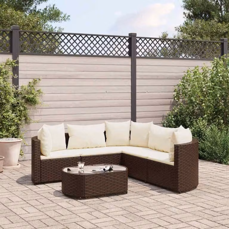 Set Divano da Giardino vidaXL 6 pz con Cuscini Marrone e Bianco in Polyrattan e Acciaio