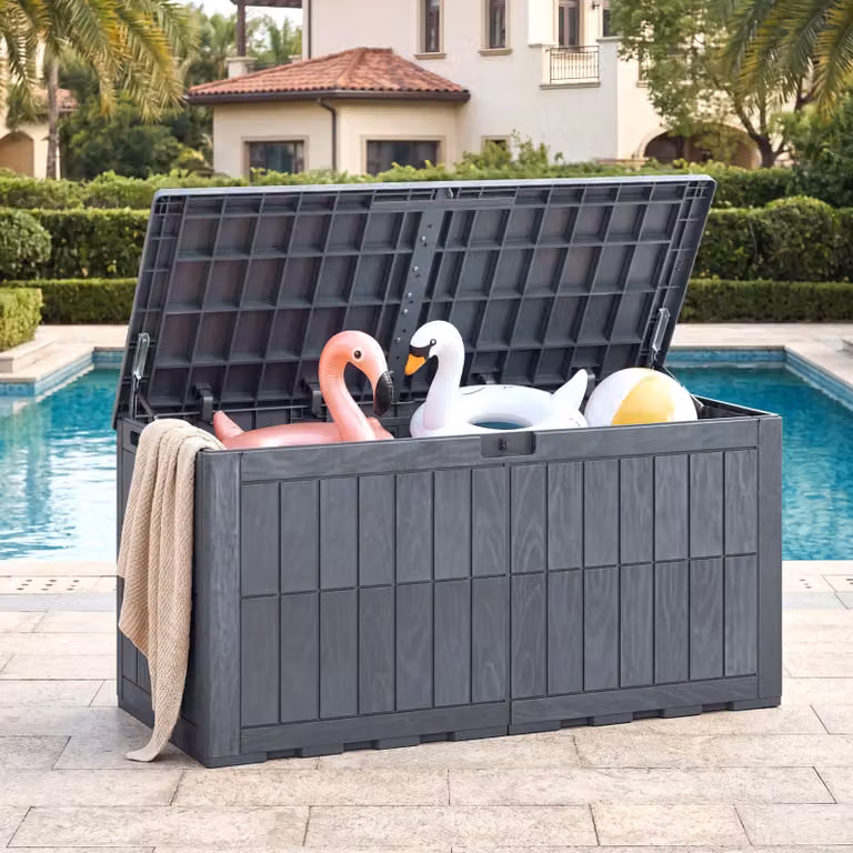 Cassapanca contenitore da esterno Costway con coperchio e foro per serratura, in plastica resistente alle intemperie, Grigio