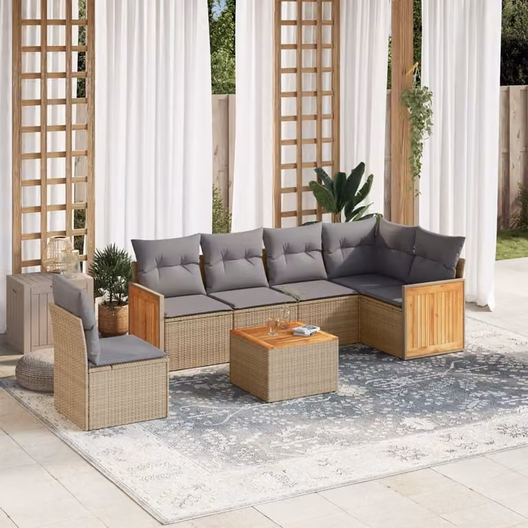 vidaXL Set Divani da Giardino 7 pz a Forma a L in Polyrattan con Cuscini Beige e Tavolino da Esterno