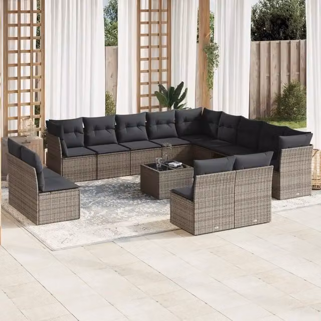 Set di divani da giardino VIDAXL a forma di U in polyrattan grigio con 14 pezzi e cuscini inclusi