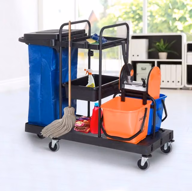 Carrello per pulizie ULEVR 111x63,3x103 cm con 4 ruote, strizzatore rimovibile, 2 secchi da 18 L e sacco rifiuti