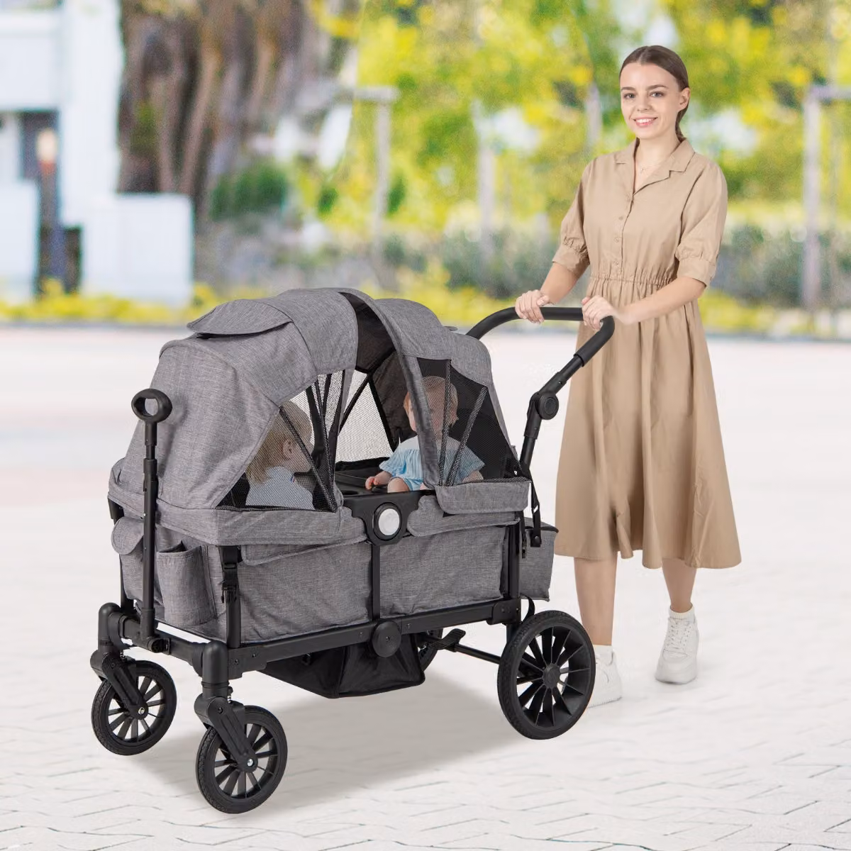 Costway Passeggino doppio da spingere e tirare con cintura a 3 punti, Passeggino pieghevole per bambini da 6 mesi in su Grigio