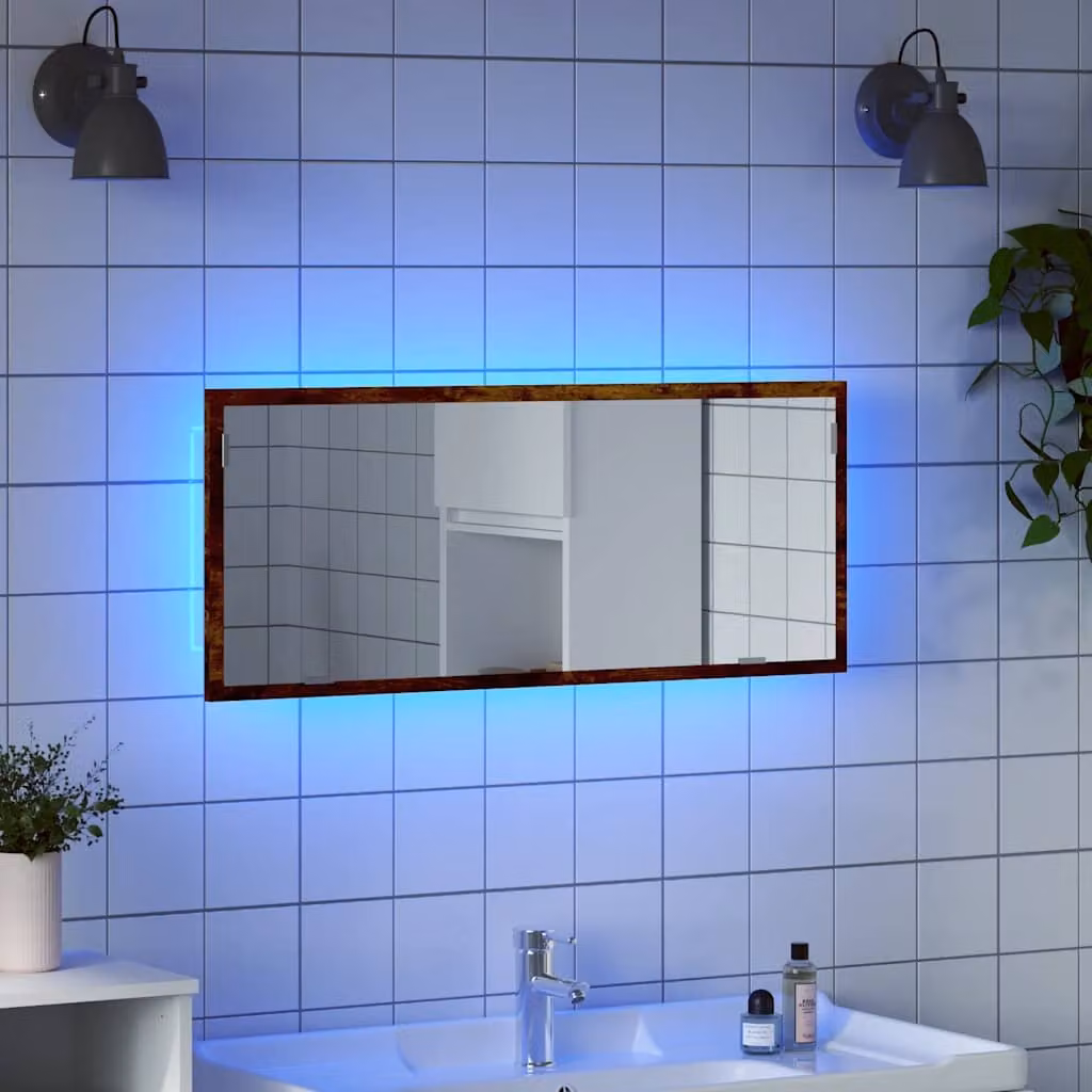 Specchio da bagno con LED vidaXL in legno multistrato rovere fumo, L 100 cm x H 37 cm x P 8,5 cm