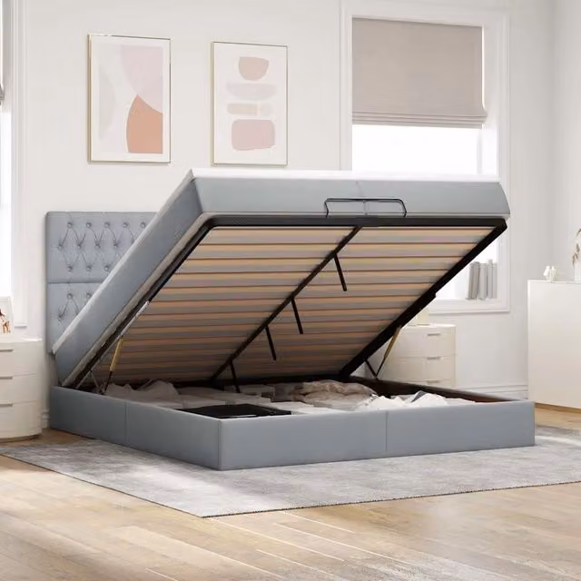 Letto con contenitore a sollevamento vidaXL in tessuto grigio e bianco con illuminazione sottostante e porta USB L: 200 cm, P: 200 cm, H: 280 cm – 1
