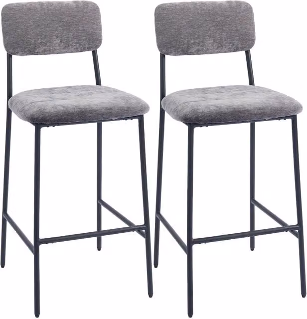 Set di 2 Sgabelli da Bar in Acciaio Grigio con Rivestimento in Tessuto Chenille e Poggiapiedi, 45,5x48x101 cm