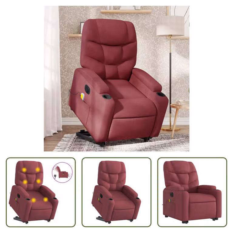 The Living Store Poltrona massaggiante elettrica con ausilio per l'alzata Tessuto rosso vino