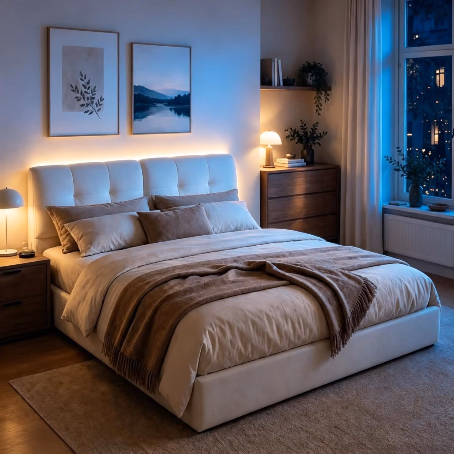 Letto contenitore INONEFT 140x200 cm con LED, letto imbottito a molle con contenitore, letto matrimoniale con struttura, rete a doghe e contenitore, in velluto, color beige