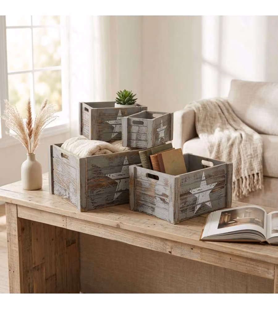 Cosma Set 4 Cassette in Legno Grigio Paulownia 41x31x20cm - Decorate il Tuo Spazio
