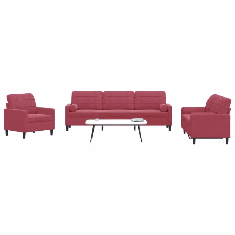 Set di divani vidaXL da 3 pezzi in velluto rosso con cuscini e struttura in metallo per soggiorno