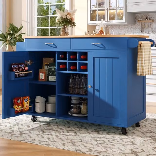 Carrello da cucina moderno OKWISH con ripiani regolabili e portabottiglie in MDF e metallo blu L/P/H: 102 x 45 x 92 cm